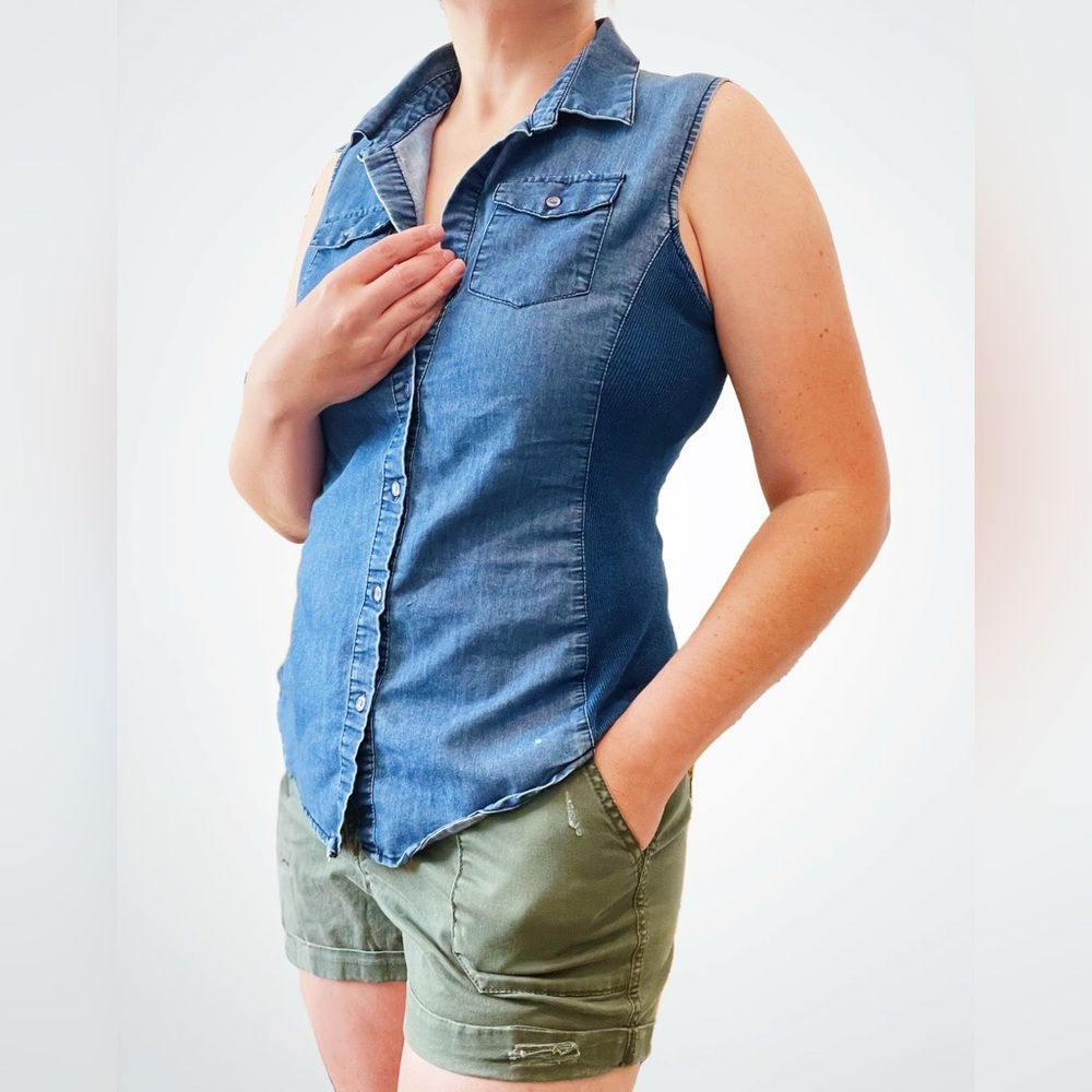 Vintage 90s Cavalini Denim & Cotton Button Down Sleeveless Shirt, Medium